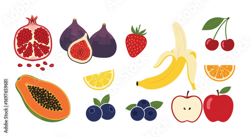 An assortment of fresh ripe fruits featuring pomegranate figs strawberries bananas papaya blueberries and apples