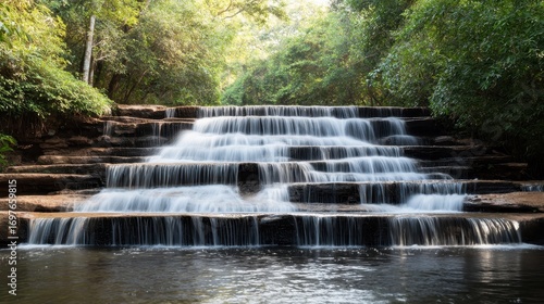 A serene waterfall cascades down stone steps, surrounded by lush greenery, creating a tranquil and picturesque natural scene.