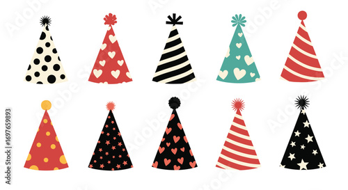 Collection of ten party hats featuring diverse patterns and bright colors ideal for celebrations