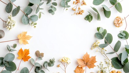 Autumnal Leaf and Eucalyptus Frame on White Background