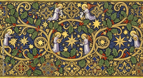 Christmas border,Medieval Manuscript Design with Angels, Stars, and Floral Patterns in Gold and Blue,medieval art style