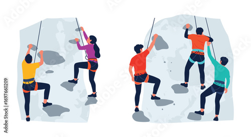 People enjoying outdoor rock climbing adventures on challenging natural formations with friends experiencing exhilaration and physical exertion