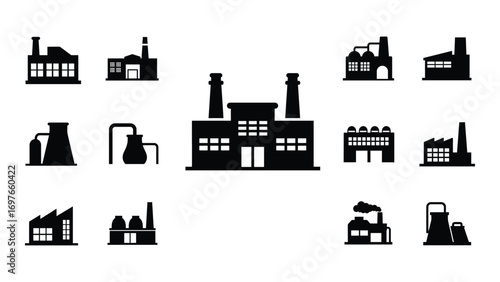 Collection of various factory and industrial building icons
