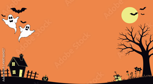 Halloween Night Scene with Ghost and Haunted House