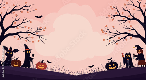 Halloween Night Scene with Characters and Pumpkins