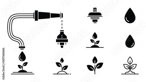Irrigation and plant growth icons for agriculture