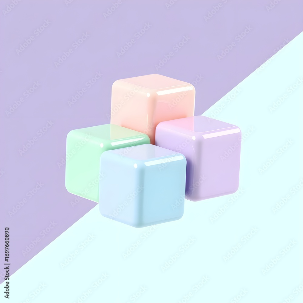 Obraz premium 보라 민트 이분할 배경에 큐브 도형 네개Purple mint. Four cube shapes in the background