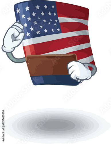 Cartoon illustration of a patriotic coffee mug with an American flag design emerging from a hole with a brown sleeve.