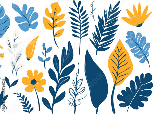 Collection of stylized tropical leaves and flowers in blue yellow and orange hues