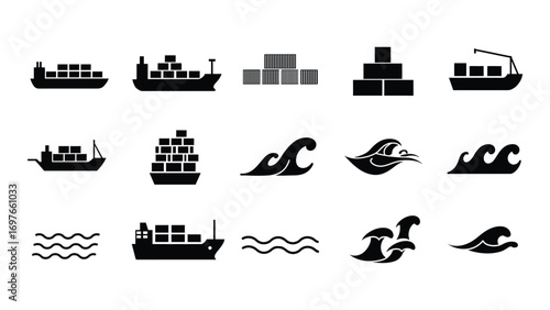 Set of black silhouette cargo ship and sea waves