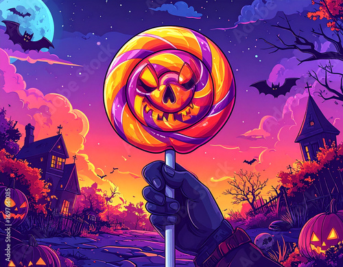 halloween night scene with pumpkins