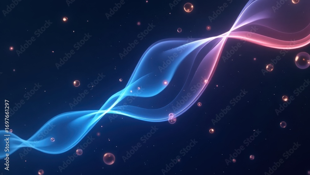 Obraz premium A flowing design of translucent, glowing blue and pink ribbons, intertwined, with scattered, glittering particles and floating orbs, creates a captivating visual display.