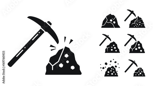 Set of black silhouette pickaxe and stone