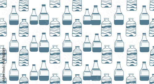 Collection of various glass and plastic bottles displayed in a repeating pattern against a white background for beverage packaging designs