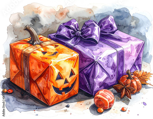 Halloween gift boxes with pumpkin face and purple bow