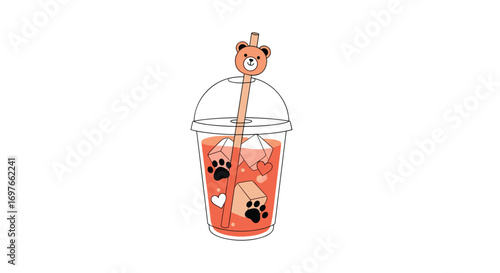 Adorable bear paw shaped boba tea drink with cute straw topper and heart decorations