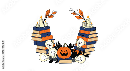 Whimsical halloween bookish wreath with spooky characters and autumn leaves illustration
