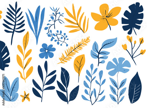 Vibrant collection of stylized tropical leaves and flowers in blue and yellow hues
