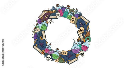 Enchanting mystical wreath adorned with potions skulls and ancient spellbooks perfect for halloween or fantasy themes