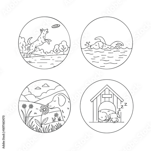 A set of four circular line art illustrations depicting a dogs life and daily activities.