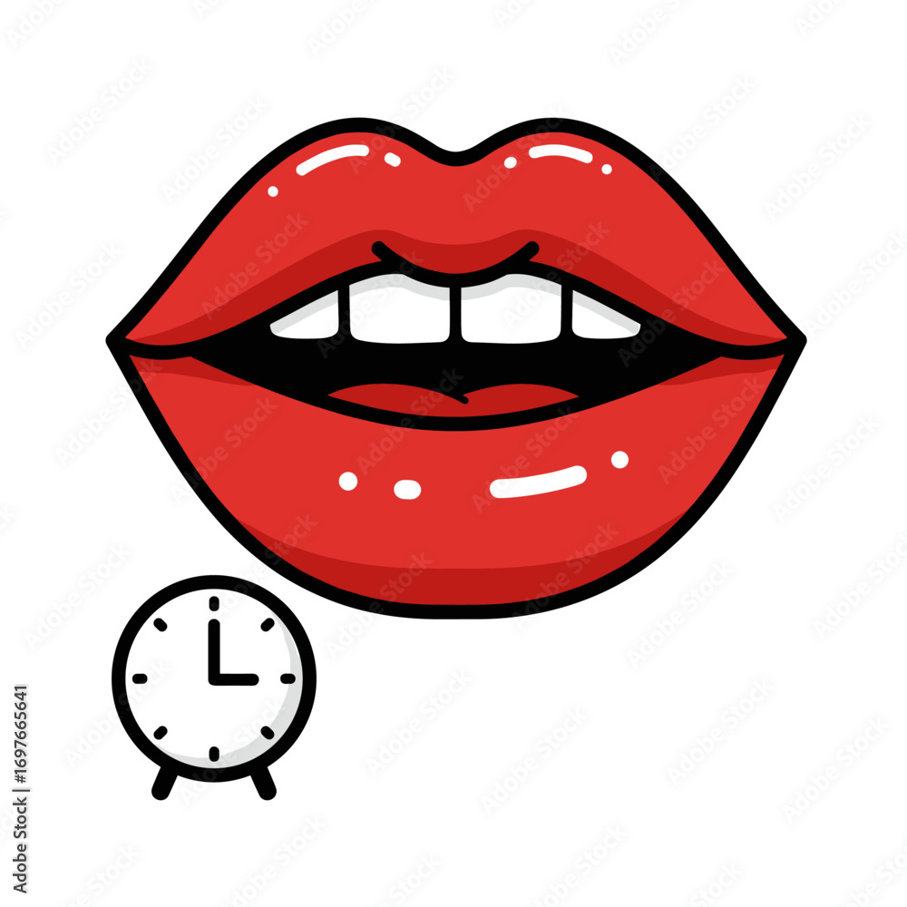 Obraz premium Cartoon open red lips with clock