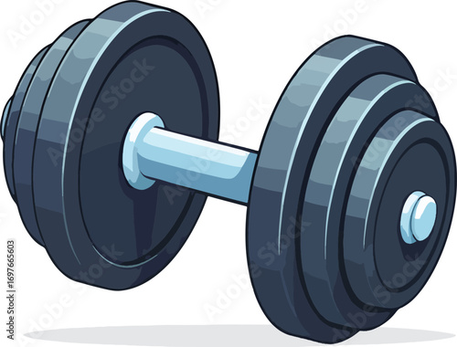 Illustration of a dumbbell with dark blue weights and a light blue handle on a white background.
