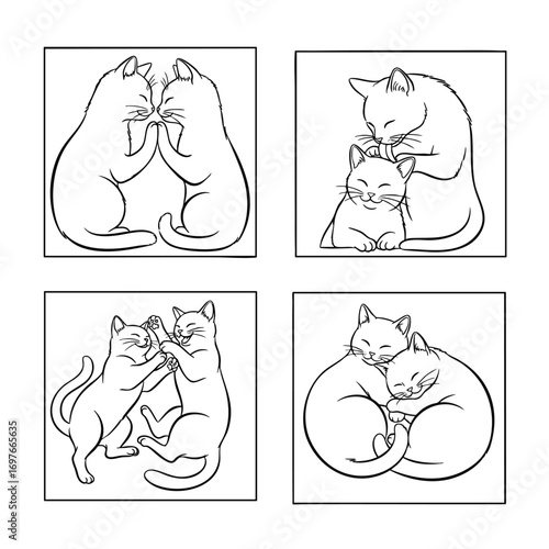 A set of four minimalist line art illustrations depicting affectionate cat couples.