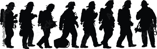 Silhouettes of firefighters walking, wearing protective gear, helmets, carrying equipment, emergency responders, fire safety, teamwork, 