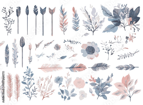 Elegant watercolor botanical elements collection featuring delicate flowers and feathers in soft hues