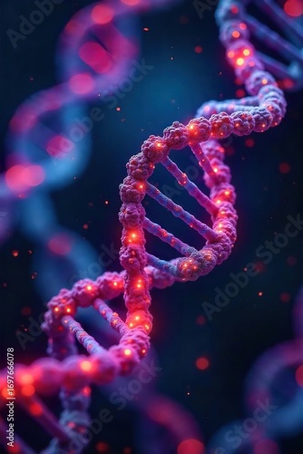 Close-up shot of DNA strands, glowing vibrant colors, representing genetic engineering and the manipulation of genetic code for scientific advancement , discovery, microscopic, science lab