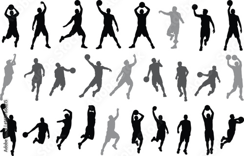 Silhouettes of basketball players jumping, dribbling, shooting, passing, action poses, sports, teamwork, athleticism, competition, black and white, 