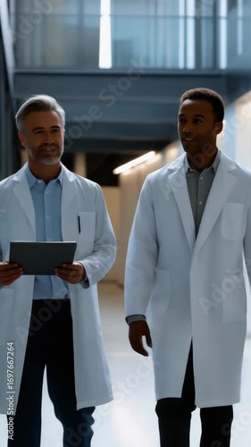 Two doctors are walking down a hallway, one of them holding a tablet. Scene is professional and serious, as the doctors are likely discussing important medical information or a patient's condition