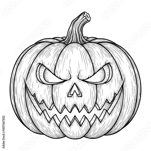 Evil grinning Jackolantern pumpkin with a scary face a detailed black and white line art illustration.