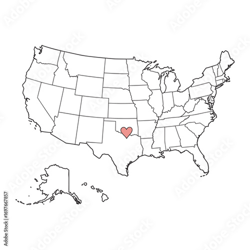Heart marking texas on united states map outline – stock vector flat illustration