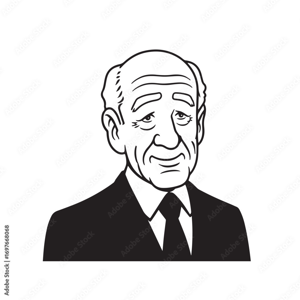 Old person in formal suit black and white vector illustration portrait elegant classic digital artwork