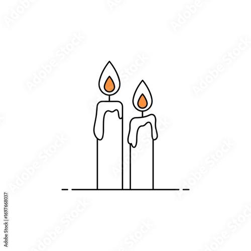 Minimalist line drawing of two burning candles with wax dripping – stock vector flat illustration