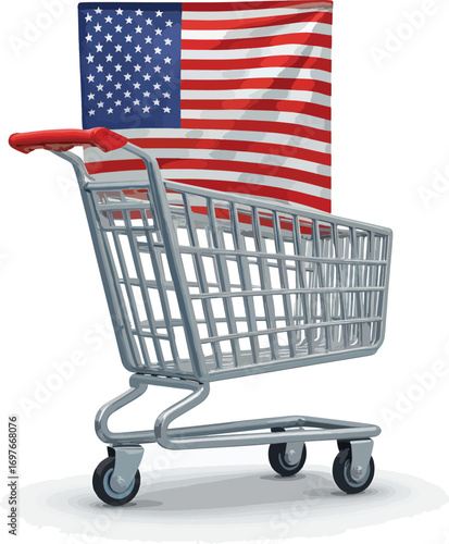 A silver shopping cart with red handle and wheels against a waving American flag on a white background