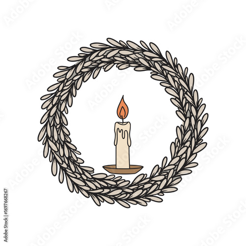 Rustic wreath surrounding lit candle drawn in brown and beige hues – stock vector flat illustration