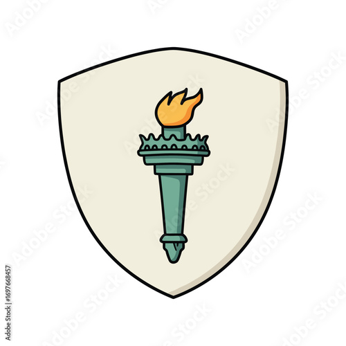 Illustrated torch on shield symbolizing freedom and enlightenment – stock vector flat illustration