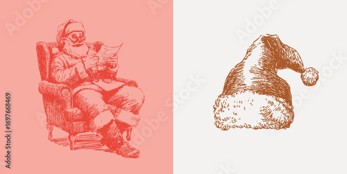 Crayon Christmas illustration of Santa Claus reading and Santa hat, retro sketch style in red and brown tones.