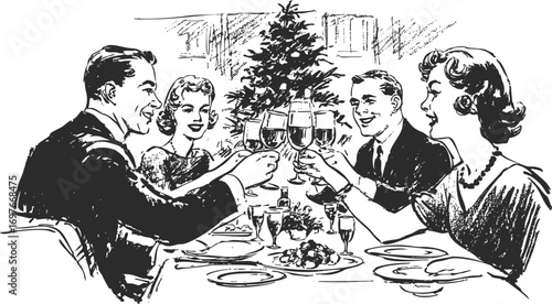 Crayon sketchy illustration of friends celebrating Christmas dinner with wine, festive retro doodle style with decorated tree in background.
