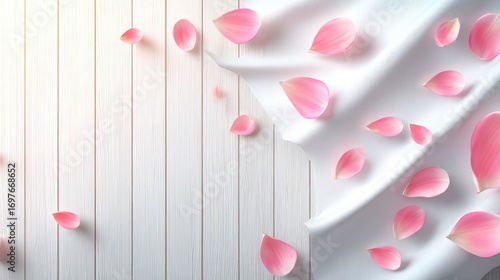 Delicate pink lotus petals scattered on a white wooden surface with a flowing white fabric