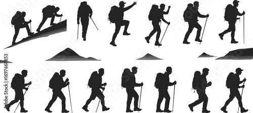Silhouettes of hikers with backpacks climbing mountains, trekking adventure, outdoor exploration, nature journey, hiking sticks, 