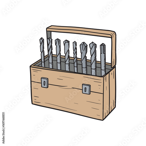 Wooden box with metal drill bits set in various sizes – stock vector flat illustration