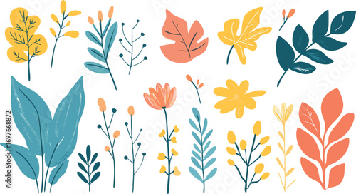 Collection of stylized hand drawn botanical elements featuring leaves and flowers in warm autumnal colors