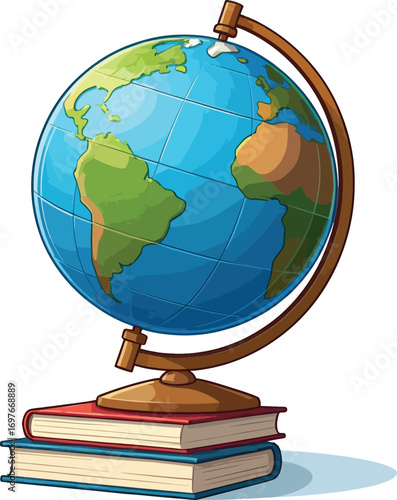 Cartoon-style illustration of a globe on a stand resting on two stacked books against a white background with educational and geographical themes.