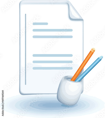 Illustration of a document with a pencil holder containing two colored pencils on a white background.