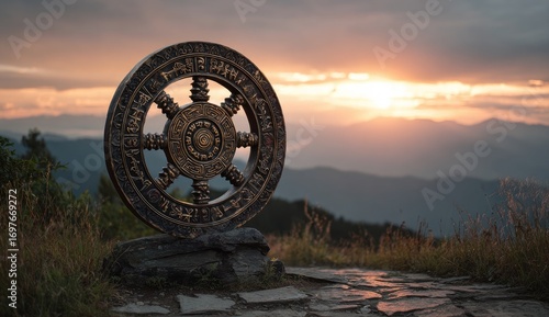 Ornate wheel sculpture at mountaintop sunset