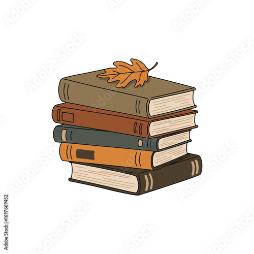 Stack of classic books with autumn leaf motif – stock vector flat illustration