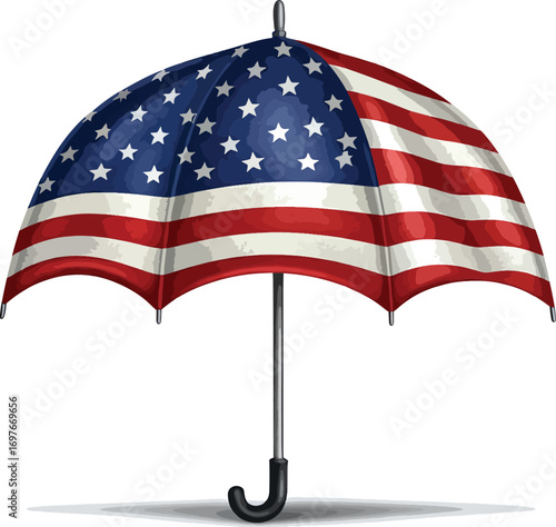 Close-up of an open American flag umbrella on a white background with a patriotic theme.